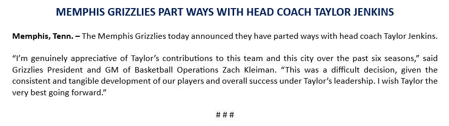 灰熊官方：球队已经解雇主教练詹金斯